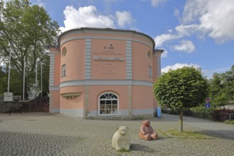Hotel and Restaurant Courageous Knight with bear figures, inscription, Bad Kösen, Saale, Naumburg,