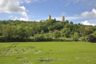 Castle with towers in the forest on the hill, green field with pattern, Saaleck, Bad Kösen, Saale,