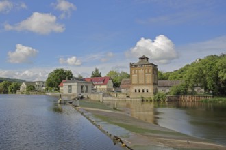 Barrage on the Saale, bank with houses, weir, Saale valley, Bad Kösen, Saale, Naumburg,