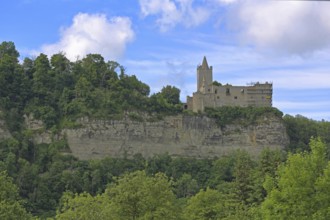 Rudelsburg Castle with cliffs, Saaleck, Bad Kösen, Saale, Naumburg, Saxony-Anhalt, Germany