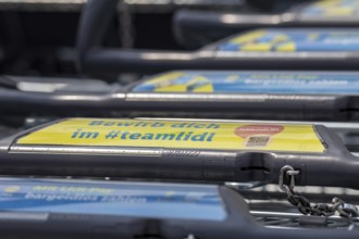 Shopping trolleys at Lidl in Mutterstadt, Rhineland-Palatinate