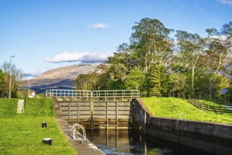 Caledonian Canal, Caol Beach and Nevis Range Mountains, Corpach, Fort William, Highland, Scotland,