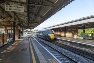GWR British Rail Class 800 Inter City Express train arriving at platform, Westbury, Wiltshire,