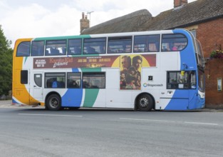 Stagecoach double decker Scania Enviro400 bus at bus stop, village of Avebury, Wiltshire, England,
