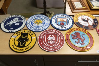 Metal replica football soccer club team crests or badges, Suffolk, England, UK