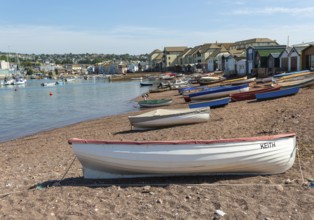 Small boats in harbour at Back Beach, Teignmouth, south Devon, England, UK