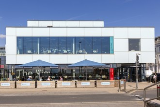 Modern architecture of The View cafe restaurant building, Teignmouth, south Devon, England, UK