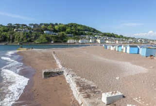 Beach seaside view to River Teign estuary and Shaldon, The Point, Teignmouth, south Devon, England,
