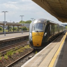 GWR British Rail Class 800 Inter City Express train arriving at platform, Taunton railway station,
