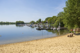 Sandy beach beach and marina on Lake Lippe, reservoir, Sande, Paderborn, North Rhine-Westphalia,