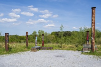 Stelae on the viewing platform at Lake Lippe, reservoir, Sande, Paderborn, Westphalia, North
