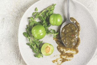 A spoon with tkemali sauce, on a plate, with cherry plum and mint, top view, no people