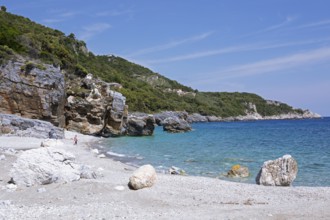 Milopotamos Beach on the Aegean Sea, Pelion Peninsula, Thessaly, Greece, newly created by Storm