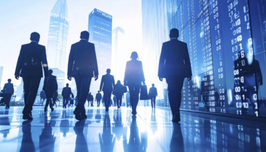 Business, abstract background, blur computer code, silhouette of walking people in a hall, blue