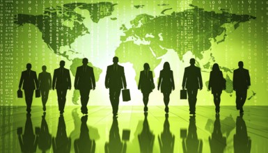 Business, abstract background, blur computer code, silhouette of walking people in a hall, green