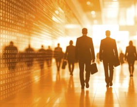 Business, abstract background, blur computer code, silhouette of walking people in a hall, orange
