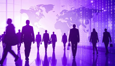 Business, abstract background, blur computer code, silhouette of walking people in a hall, purple
