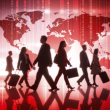 Business, abstract background, blur computer code, silhouette of walking people in a hall, red