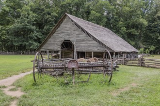 Historic log buildings at the Oconaluftee Visitor Center at Great Smoky Mountains National Park
