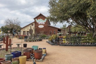 Plants and pots for sale at the Wildseed Farms nursery in Fredericksburg, Texas, USA