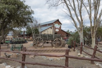 Antique covered wagon on display at the Wildseed Farms nursery in Fredericksburg, Texas, USA