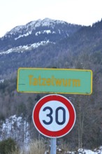 Sign on the mountain road up the Tatzelwurm, Oberaudorf, Bavarian Alps, Upper Bavaria, Bavaria,