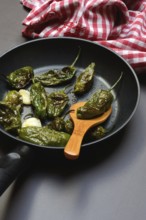 Pan-fried pimientos de padron in olive oil, roast peppers
