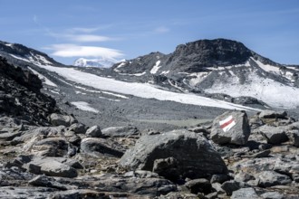 Path in rocky high mountain landscape with glacier, near the Col de Prafleuri, Valais, Western