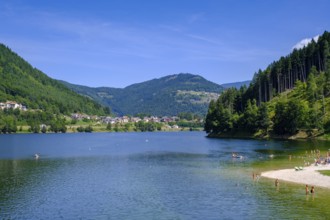 Bathing beach at Lago delle Piazze, reservoir, Val di Pine, Cembra Valley, Val di Cembra, Trentino,