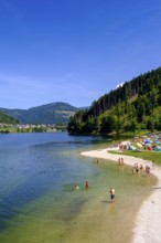 Bathing beach at Lago delle Piazze, reservoir, Val di Pine, Cembra Valley, Val di Cembra, Trentino,