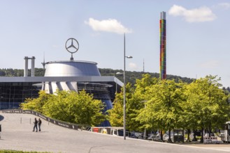Mercedes branch in Stuttgart with Mercedes star. Mercedes Benz World. Stuttgart, Baden-Württemberg,