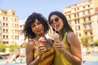 Two friends enjoying refreshing ice cream cones on a sunny day, sharing laughter and smiles in the