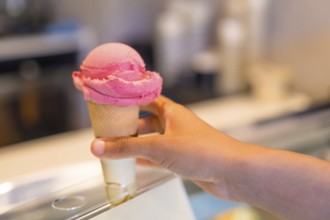 Customer selecting a delightful pink ice cream cone from a well stocked refrigerated display case