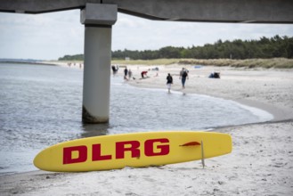 Yellow rescue board with red DLRG print on the beach under the bridge pillar, Prerow,