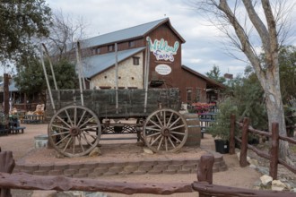 Antique covered wagon on display at the Wildseed Farms nursery in Fredericksburg, Texas, USA