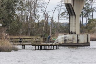 Man throwing cast net off end of wooden pier under a bridge near Fairhope, Alabama, USA