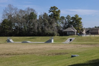 Outdoor skate park in Cypress Creek Park at Timber Lane in Spring, Texas, USA