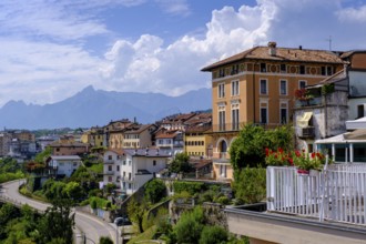 Terrace at the Gelateria Novecento, historic centre, Belluno, Veneto, Italy