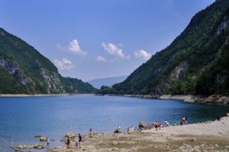 Pian Falcina, bathing beach on Lago di Mis, Sospirolo, Belluno, Veneto, Italy