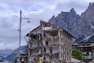 Demolition, Olympia construction site, former Hotel Bellevue, Cortina d'Ampezzo, Dolomites,