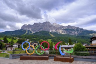 Olympic rings, Piazza Roma, Cortina d'Ampezzo, Dolomites, Province of Belluno, Veneto, Italy