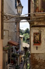 Narrow steep alley with flowers and image of the Virgin Mary, idyll, Vicolo della Stelletta,