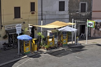 Small API petrol station with tyre workshop, Piazza Santa Maria, old town, Zagarolo, Alban Hills,