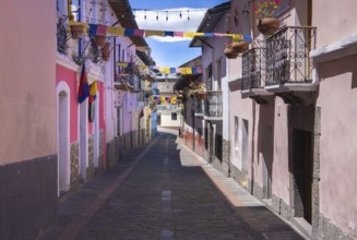 Old Town in Quito, Ecuador. Colonial colourful scenic historic city center streets