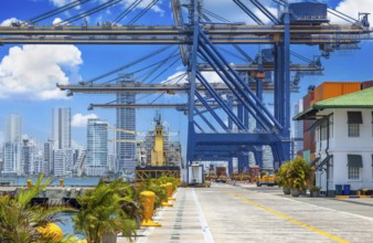 Busy international industrial port with freight and shipment docks and cargo containers