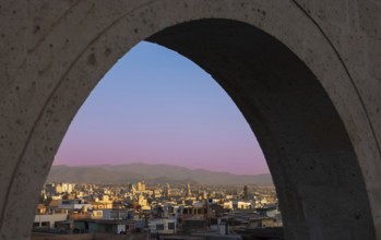 Arequipa, Peru. Sunset view of the Misti Volcano mountain range from the Yanahuara lookout