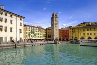 Harbour basin with Piazza Novembre with Torre Apponale, Riva del Garda, Lake Garda, Trentino, Italy