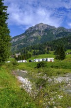 Motorhome site on the Piave, Sappada, Plodn, behind Monte Ferrro, Carnic Alps, Julian Friuli, Italy
