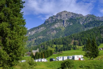 Motorhome site on the Piave, Sappada, Plodn, behind Monte Ferrro, Carnic Alps, Julian Friuli, Italy