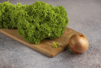 Green salad with an onion on a wooden board